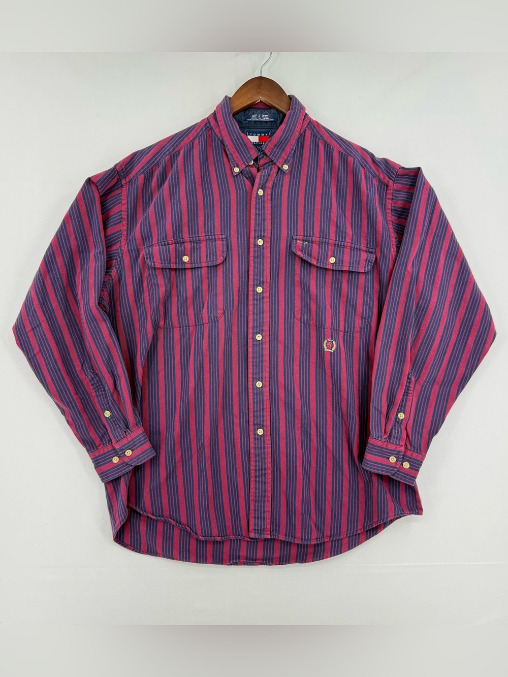 Vintage 90s Tommy Hilfiger Men’s Large Striped Button Down Shirt Red Navy